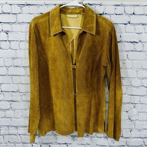 Vintage Marsh Landing 100% Leather Camel Jacket Sz Med Cutouts/banded Trim